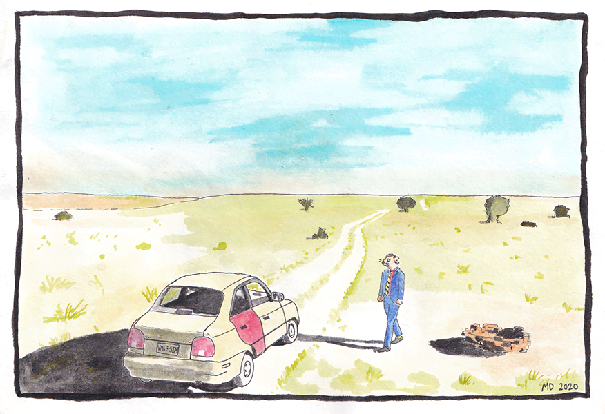 'At the pick-up', watercolour on paper, 2020