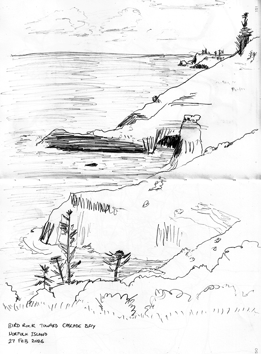 'Bird Rock Toward Cascade Bay', graphite on paper, 2026