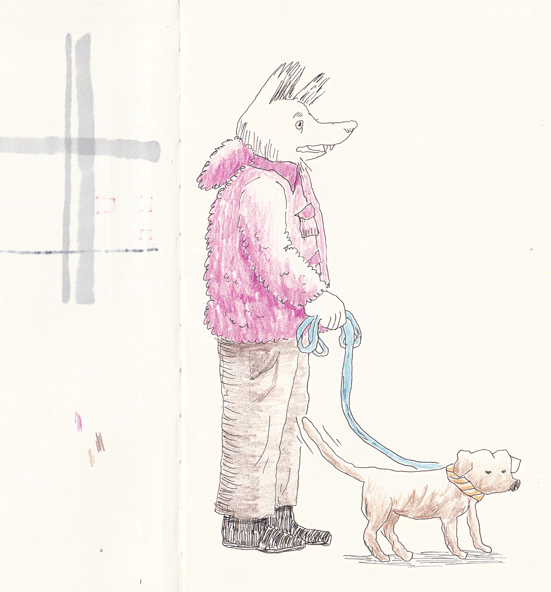 'Man and dog at the market', ink and coloured pencil on paper, 2026